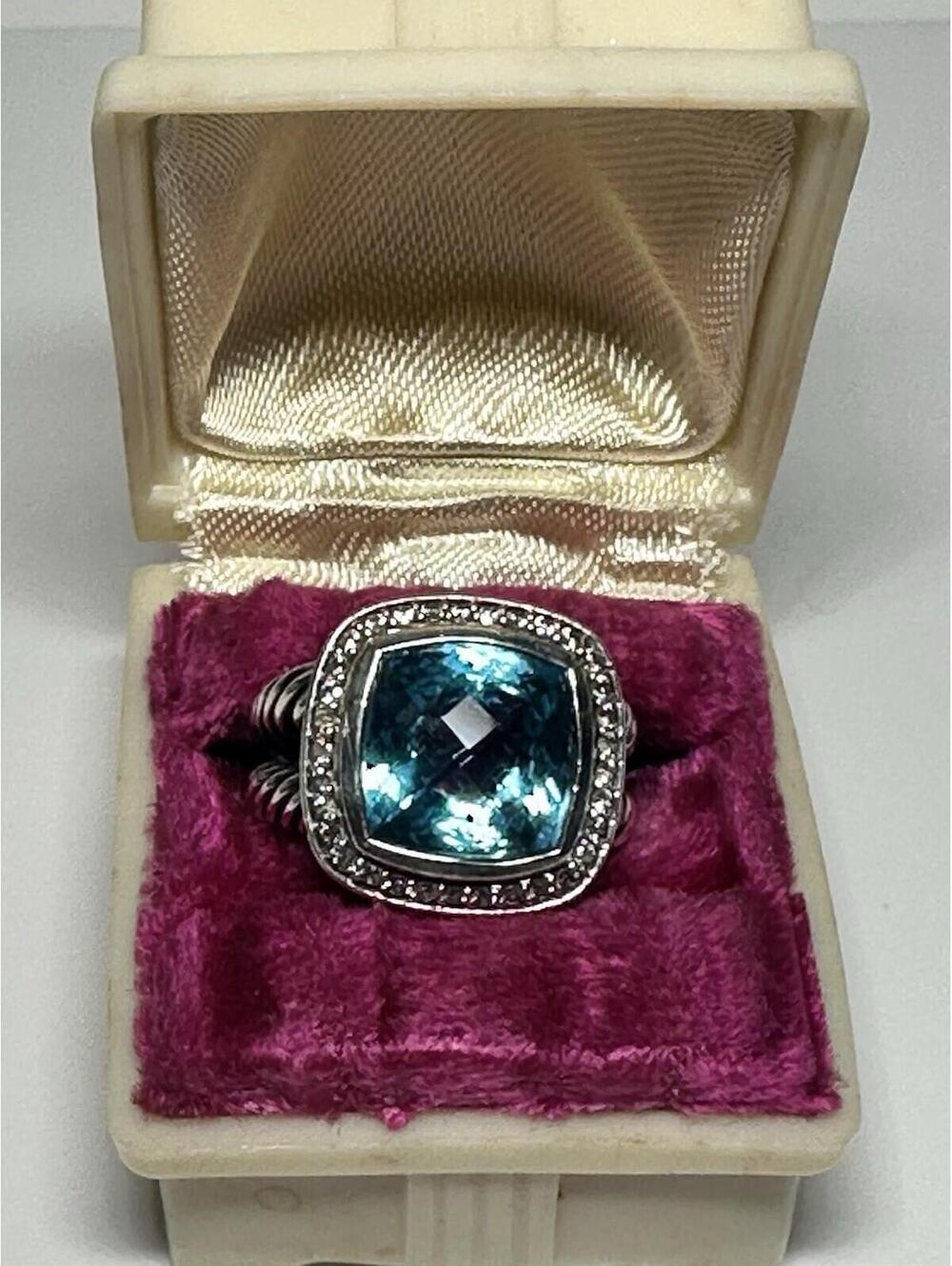 David Yurman 11mm Albion Ring with Blue Topaz & Diamonds Size 7.5